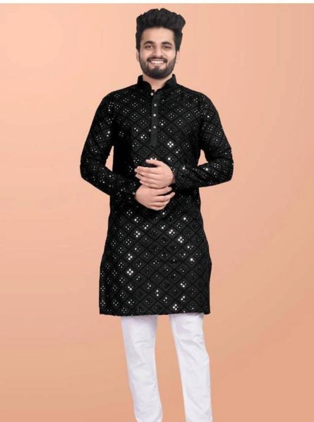 kingenterprise Men Self Design Cotton Blend Straight Kurta (Black)