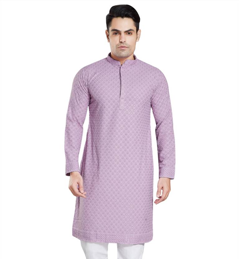 ALMORA Men Embroidered Cotton Rayon A-line Kurta (Purple)