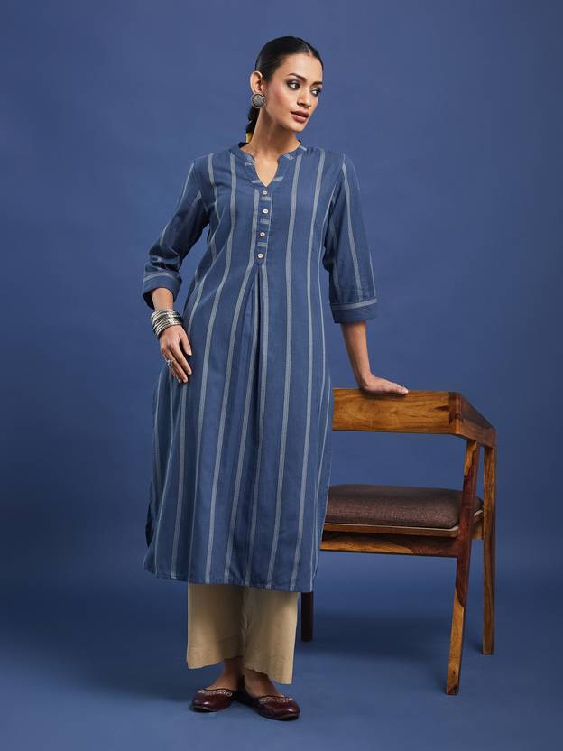 Taavi Striped Pure Cotton Straight Kurta for Women