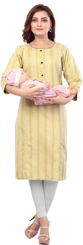 B2Fashion Striped Cotton Blend Straight Kurta for Women