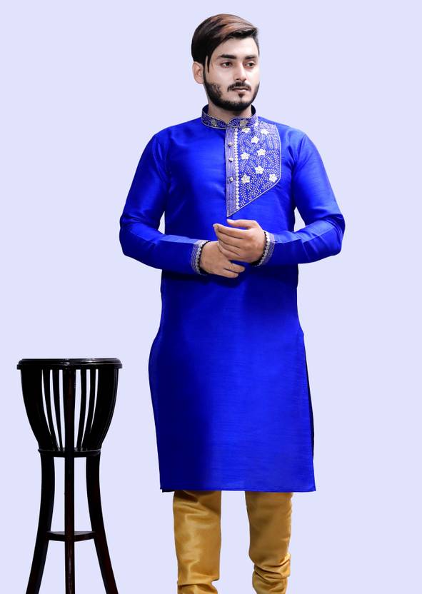 Tibra Collection Men Embroidered Silk Blend Straight Kurta (Blue)