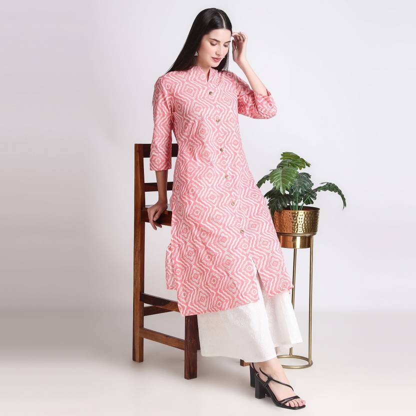 ichaa Geometric Print Cotton Silk Straight Kurta for Women