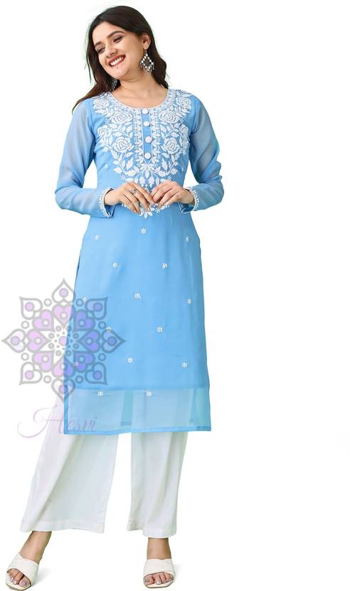 HESVI Chikan Embroidery Georgette A-line Kurta for Women