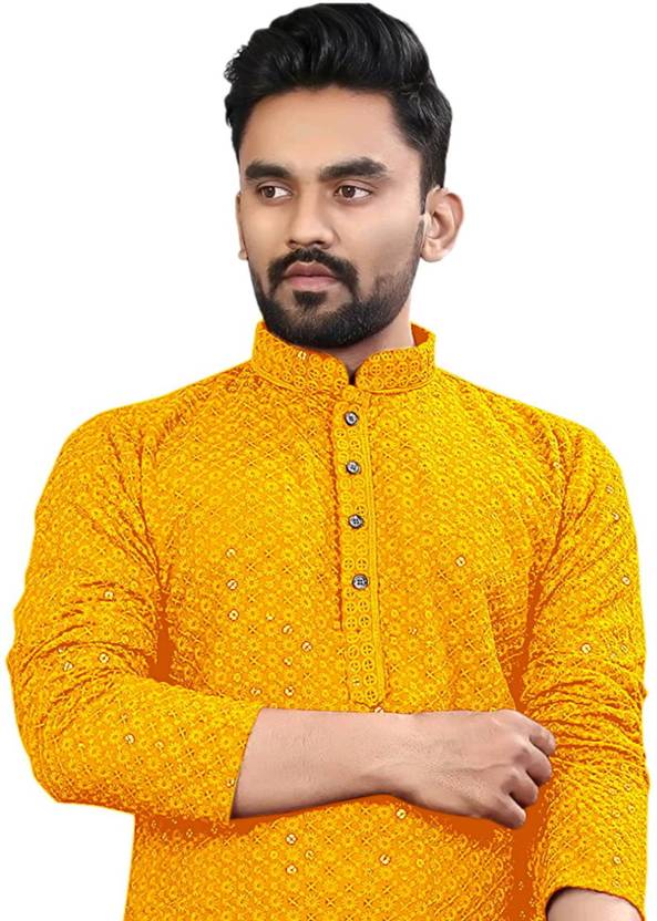 click n buy Men Embellished Chiffon Straight Kurta (Yellow)