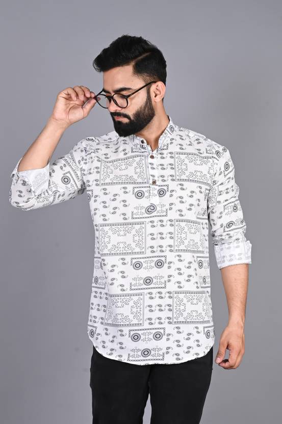 FUBAR Men Printed Cotton Blend Straight Kurta (White)