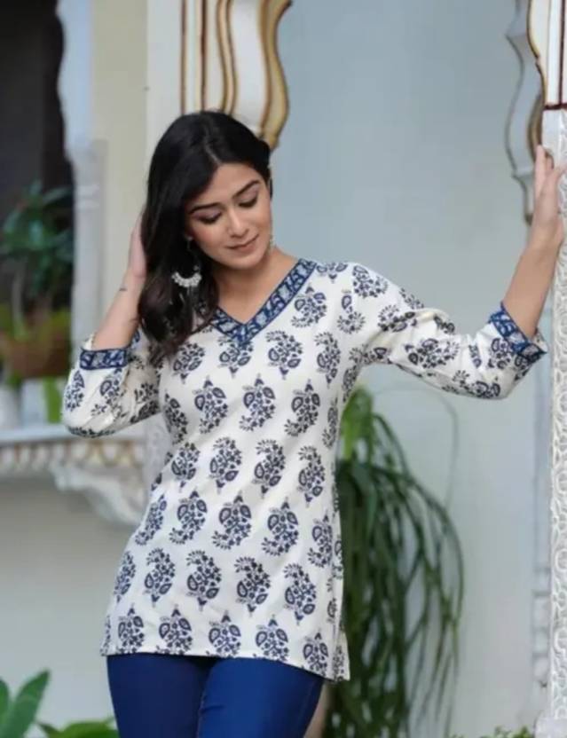 stylishtrend Women Block Print Pure Cotton Cape Top Kurta (Blue)
