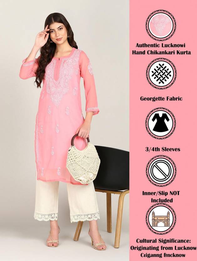VAHSON Chikan Embroidery, Embroidered Georgette A-line Kurta for Women
