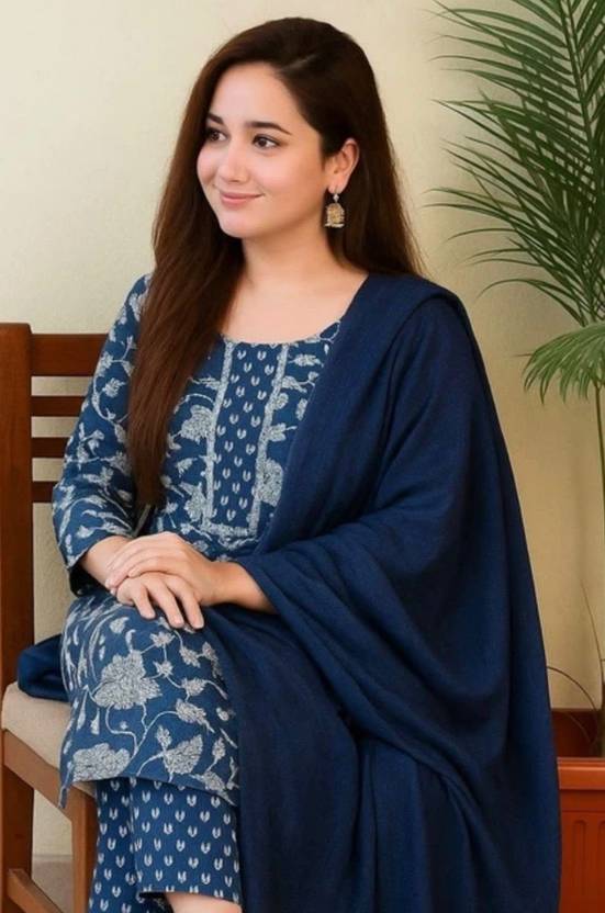 quresh collection Printed Cotton Blend, Cotton Linen Straight Kurta for Women With Attached Dupatta