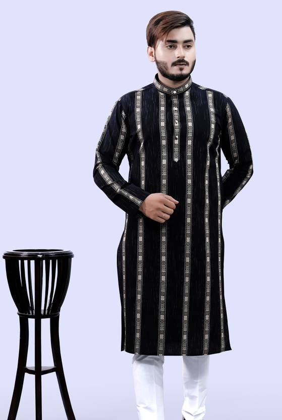 Tibra Collection Men Striped Cotton Blend Straight Kurta (Black)