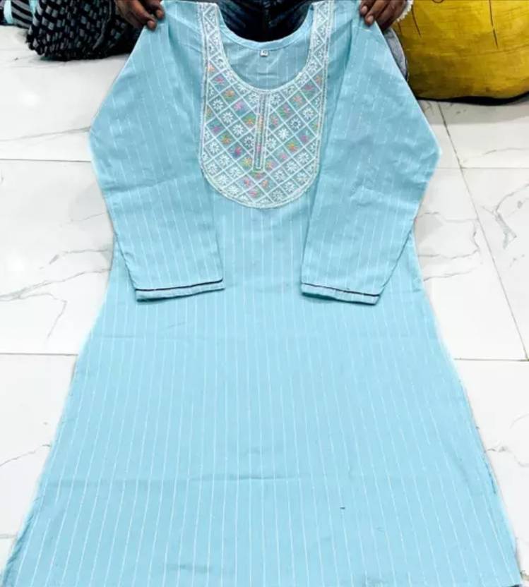 Ansary Collection Striped, Embroidered Khadi Cotton A-line Kurta for Women