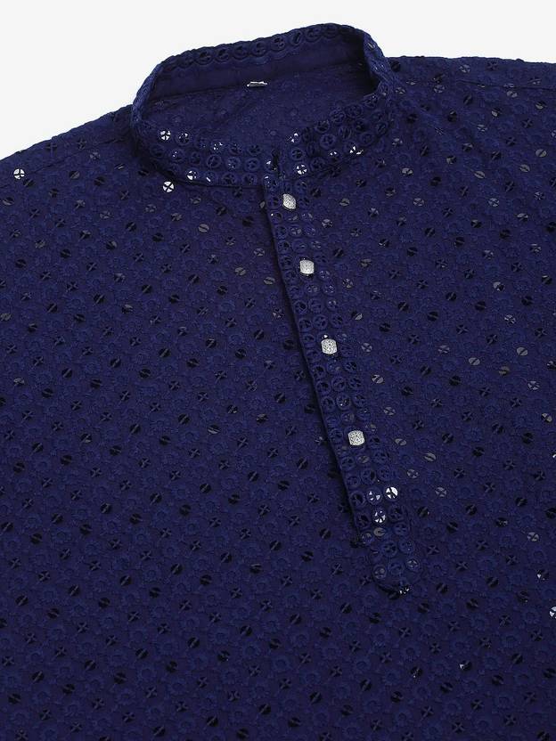 Triom Men Chikan Embroidery Viscose Rayon A-line Kurta (Blue)