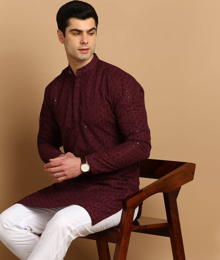 FUBAR Men Chikan Embroidery Cotton Blend Straight Kurta (Maroon)