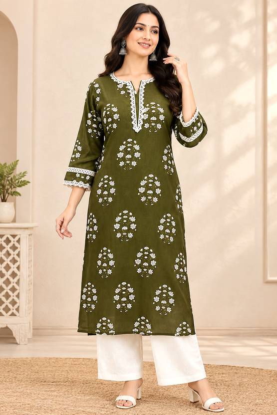 Hiti Block Print Cotton Blend Straight Kurta for Women