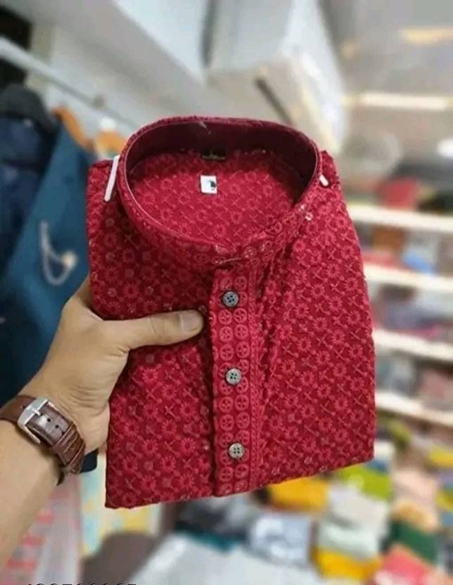 OMICRON FAB Chikan Embroidery Viscose Rayon Straight Kurta for Men