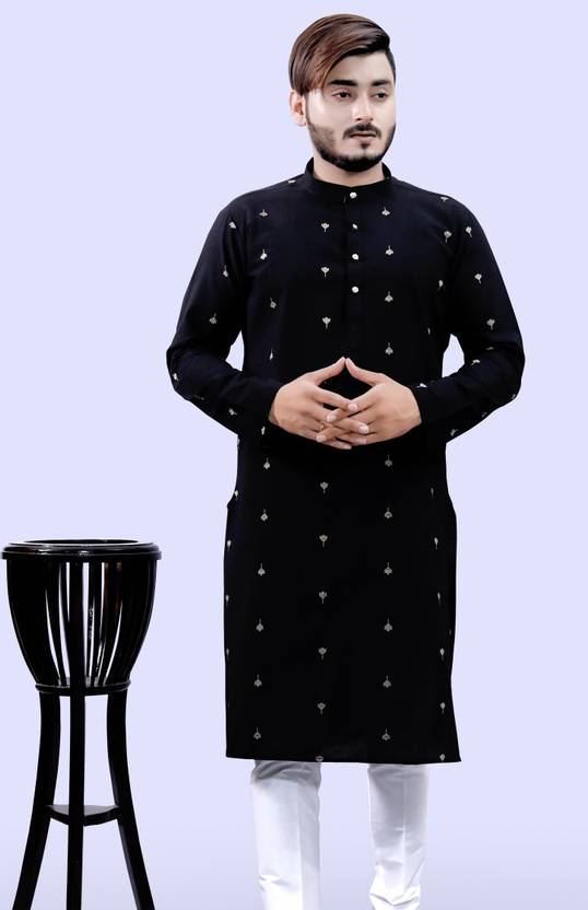 Tibra Collection Men Woven Design Cotton Blend Straight Kurta (Black)