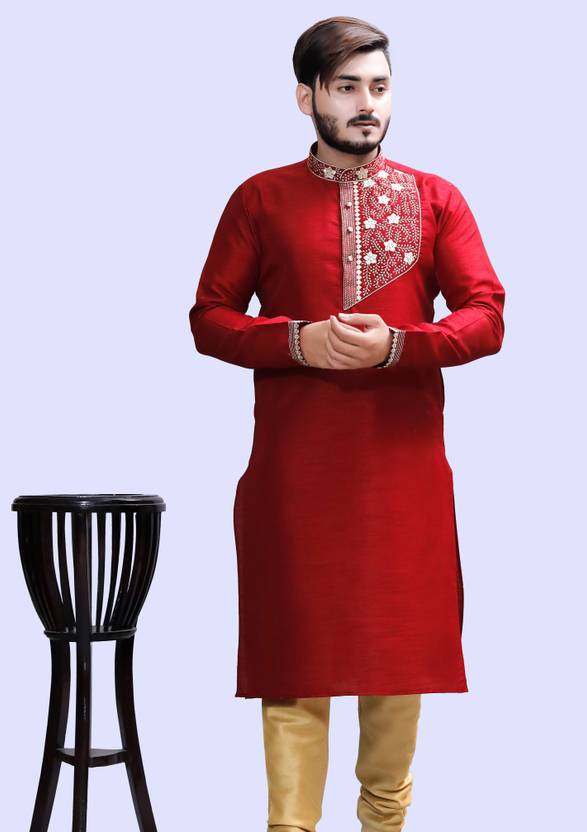 Tibra Collection Men Embroidered Silk Blend Straight Kurta (Red)