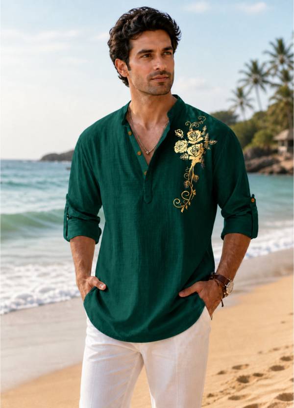ZOMBOM Floral Print Cotton Blend Straight Kurta for Men