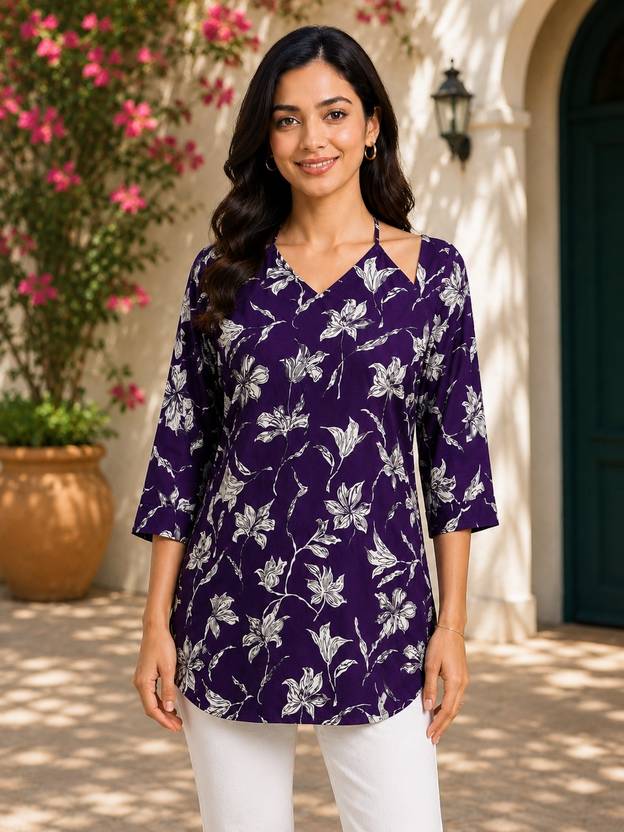 KAYRAAH Floral Print Cotton Rayon Straight Kurta for Women