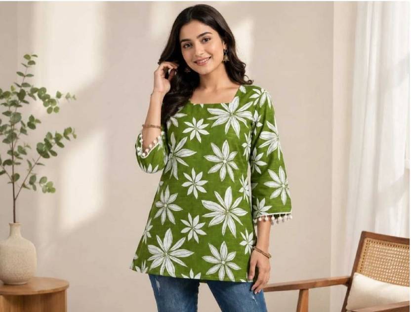Annira Printed, Floral Print Cotton Blend A-line Kurta for Women