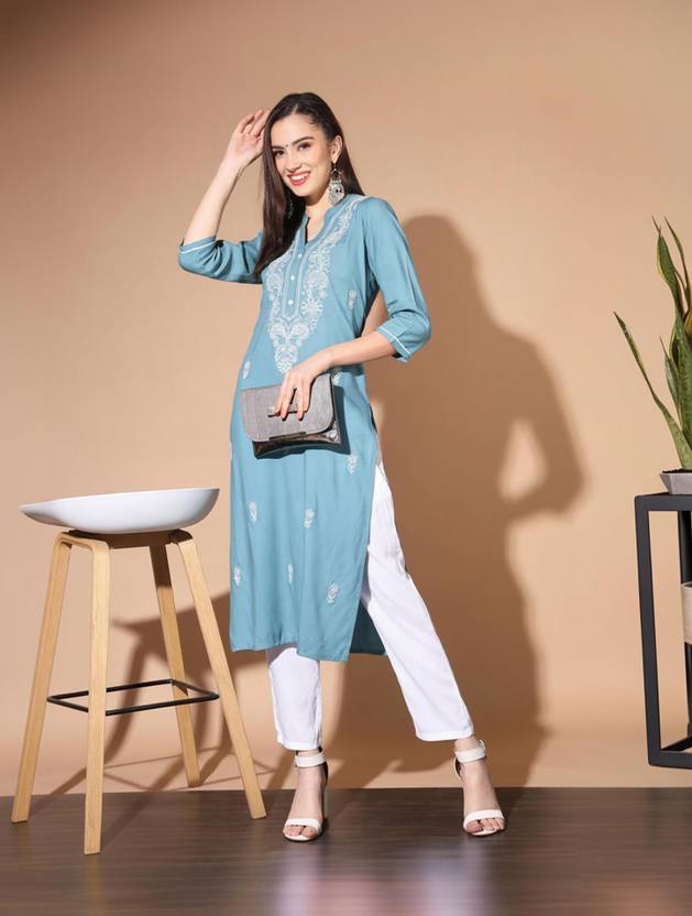 ANGITA Women Chikan Embroidery Straight Kurta