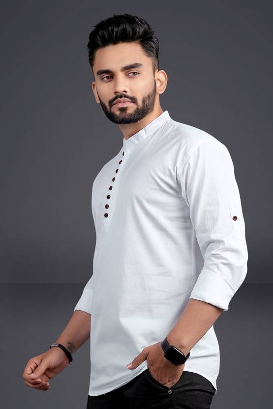 Men Solid Cotton Blend Straight Kurta  (White)