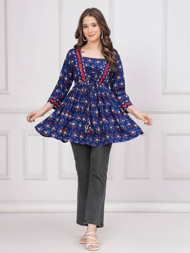 INDIANIC Printed Viscose Rayon A-line Kurta for Women
