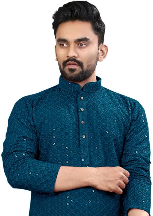click n buy Men Embellished Chiffon Straight Kurta (Light Green)