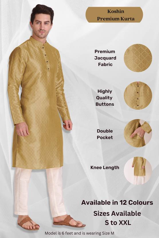 Koshin Men Block Print Art Silk Straight Kurta (Gold)