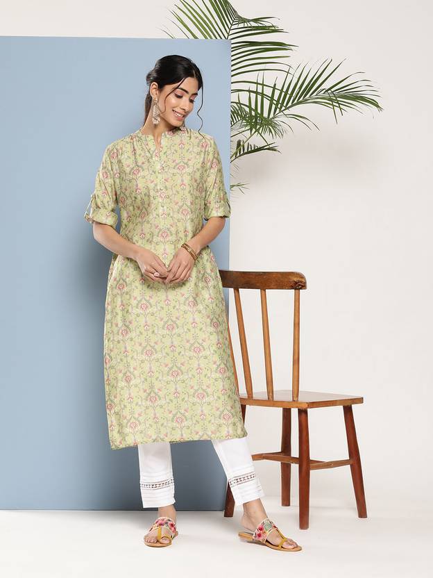 Women Printed Silk Blend Straight Kurta  (Green)