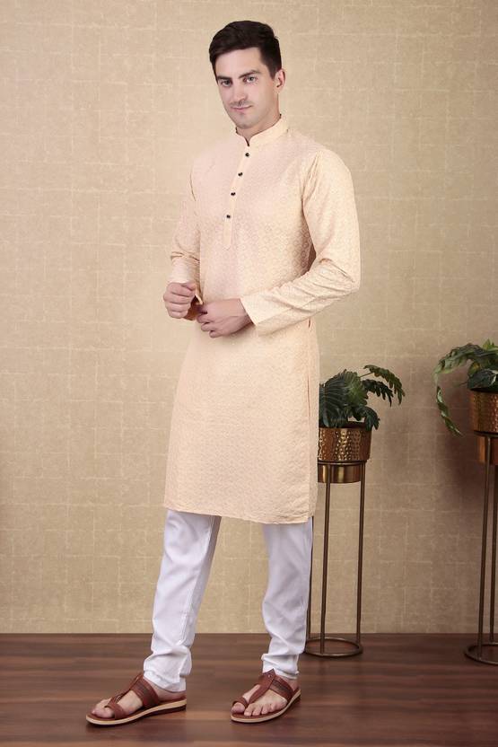 Koshin Men Paisley, Embroidered Cotton Blend Straight Kurta (Beige)
