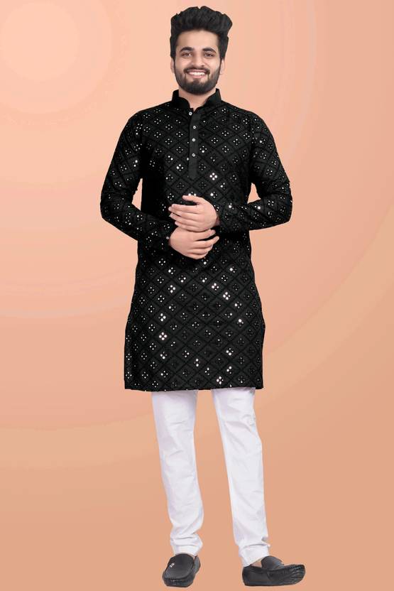 shreeram Men Embroidered Cotton Blend Straight Kurta (Black)