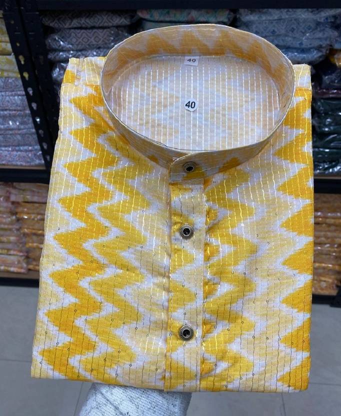 FOXDX Men Printed Cotton Blend Straight Kurta (Yellow, White)