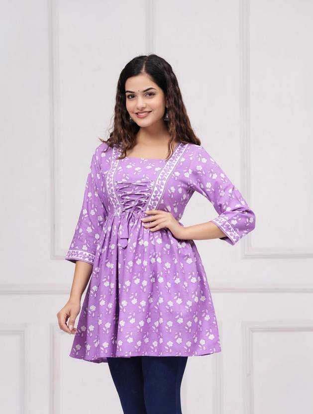INDIANIC Floral Print Viscose Rayon A-line Kurta for Women