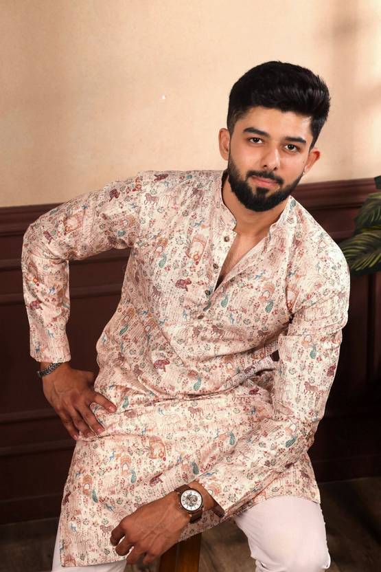 Men Printed Cotton Blend Straight Kurta (Beige)
