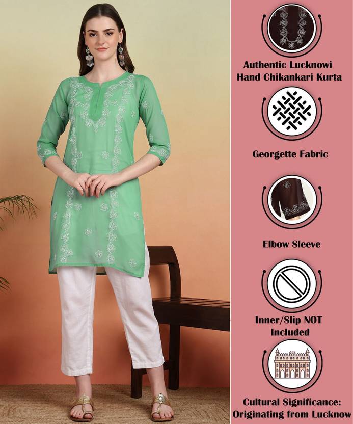 VAHSON Chikan Embroidery, Embroidered Georgette Straight Kurta for Women