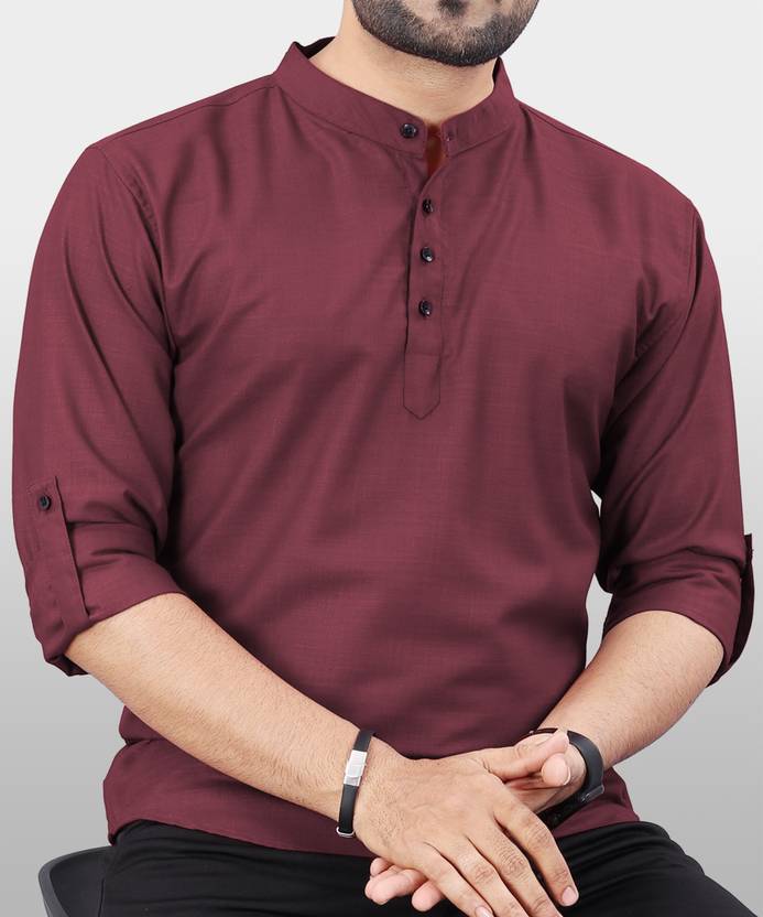 VeBNoR Men Solid Polyester Straight Kurta (Maroon)