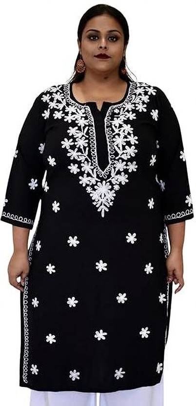 myplusfashion Chikan Embroidery Viscose Rayon Straight Kurta for Women