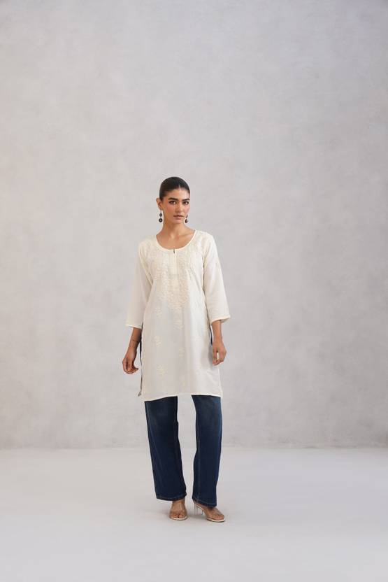 colorkosh Chikan Embroidery Viscose Rayon A-line Kurta for Women
