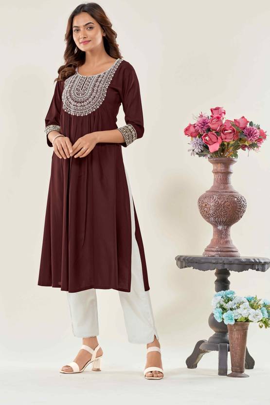 Glomee Embroidered Viscose Rayon A-line Kurta for Women