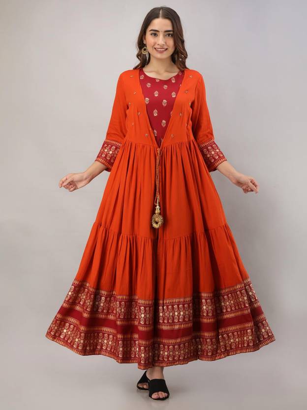 Nehamta Pack of 2 Floral Print Viscose Rayon Frontslit Kurta for Women
