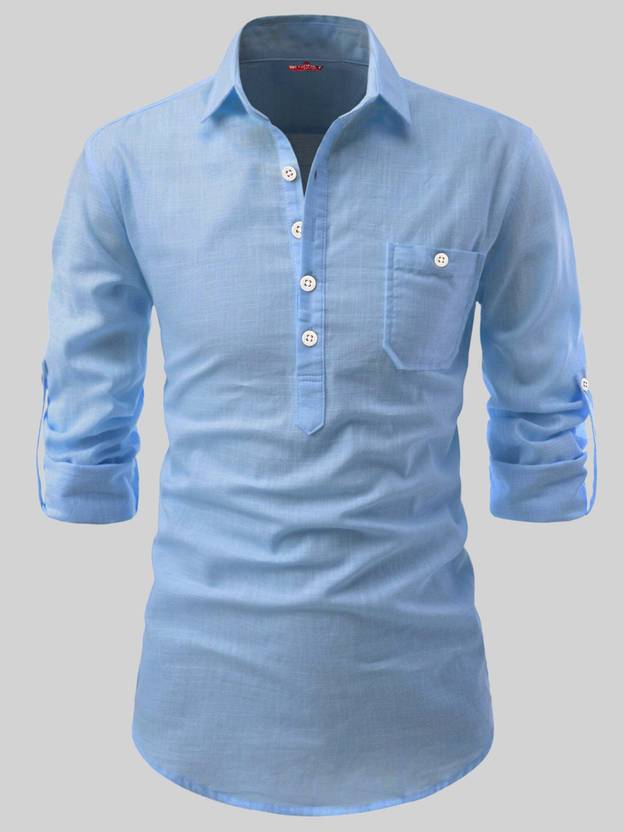 Yugnik Men Solid Pure Cotton A-line Kurta (Light Blue)