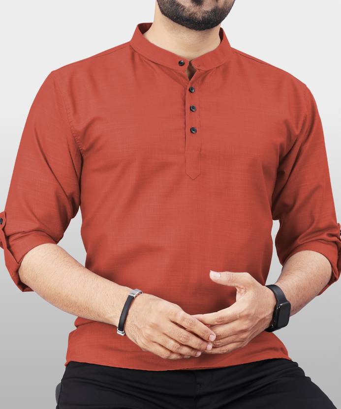 VeBNoR Men Solid Polyester Straight Kurta (Orange)