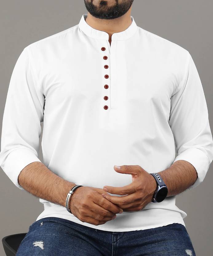 JAGRUTIFASHOIN Men Solid Cotton Blend Straight Kurta (White)