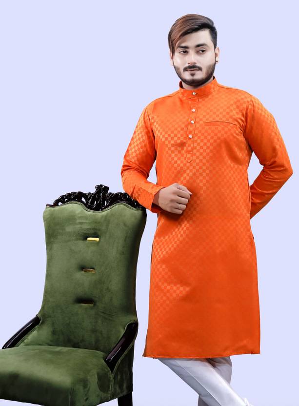 Tibra Collection Men Solid Cotton Blend Straight Kurta (Orange)