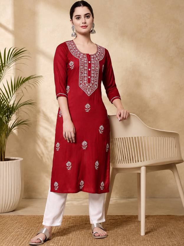 ANGITA Women Chikan Embroidery A-line Kurta