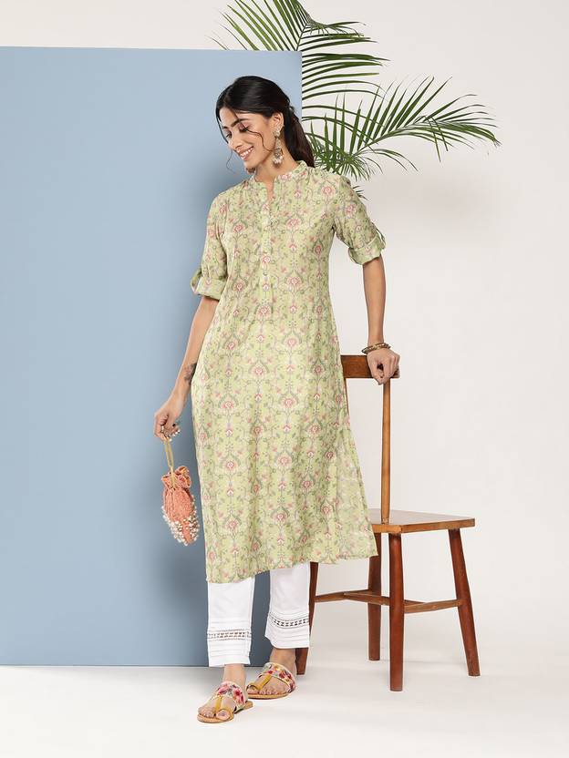 Women Printed Silk Blend Straight Kurta  (Green)