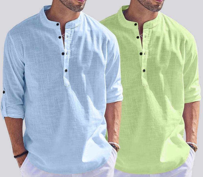 ZARTHA Pack of 2 Men Solid Cotton Blend Straight Kurta (Light Green, Light Blue)