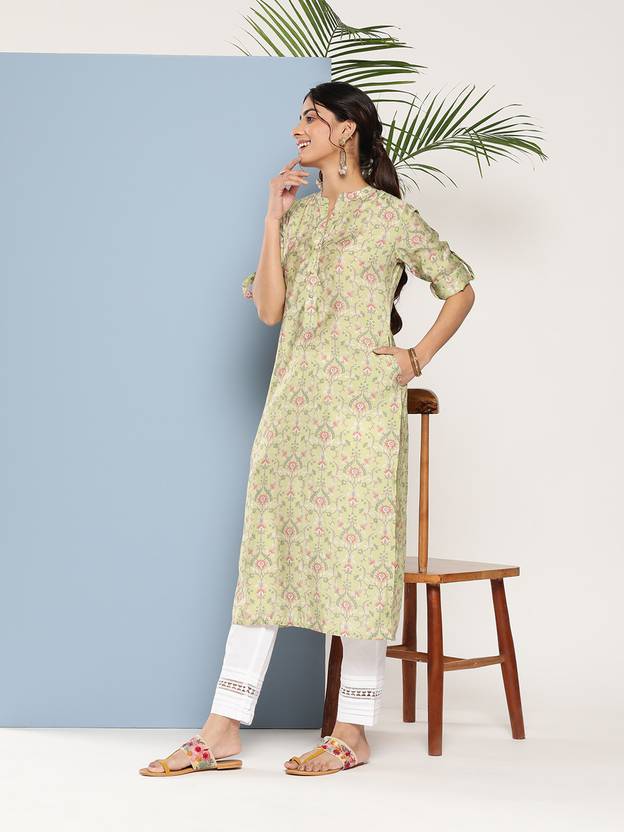 Women Printed Silk Blend Straight Kurta  (Green)