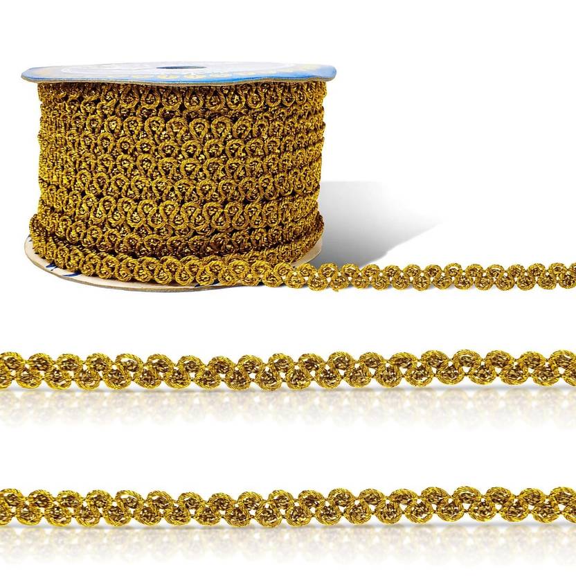 Stylewell CWG0133-01 (M:8585) (8mm X 18 Mtr) Gold Trap Gota Fancy Lace & Ribbon Border for Saree, Suit, Dress Lace Reel
