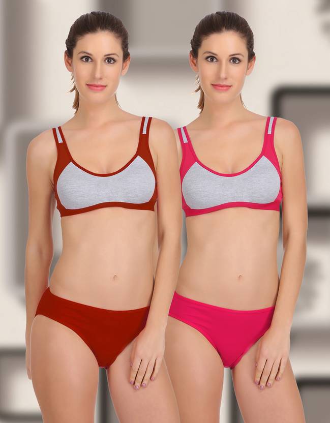samvar Bra & Panty Set Self Design Maroon, Pink Lingerie Set